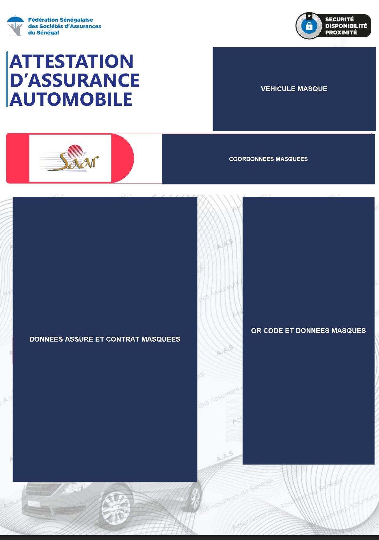 Exemple d’attestation d’assurance automobile, données et code QR masqués