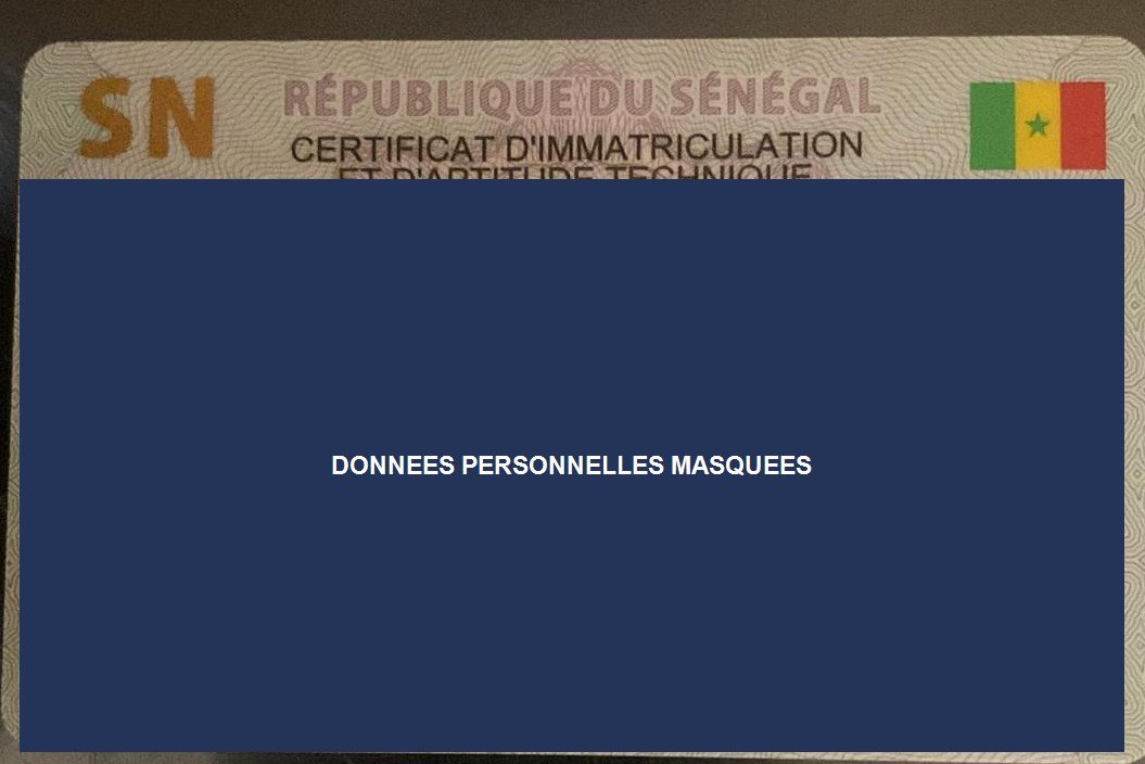 Exemple de certificat d’immatriculation, informations personnelles masquées